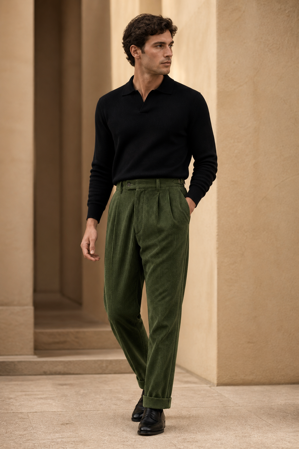 Men's Pleated Corduroy Trousers with High Waist