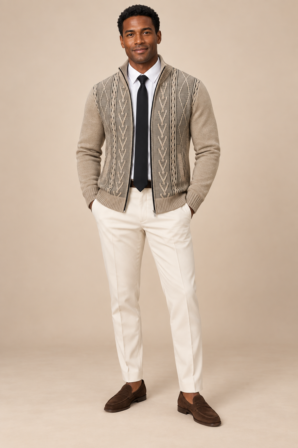 Men’s Cable Knit Zip-Up Cardigan with Stand Collar