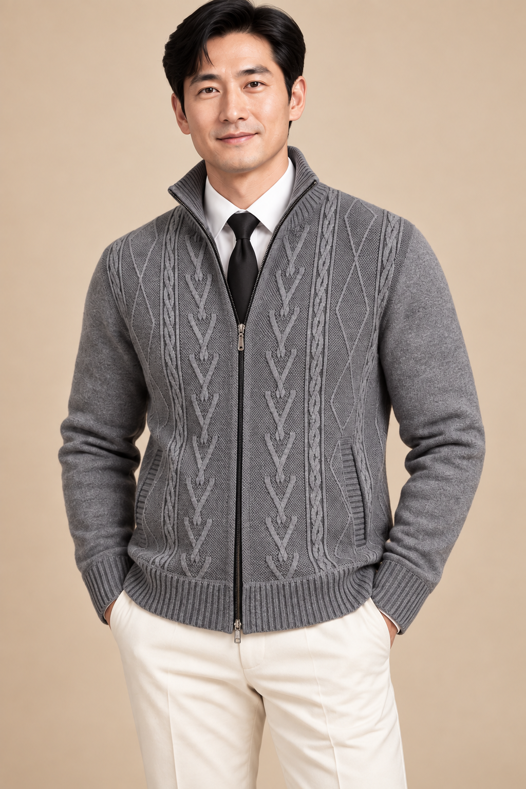 Men’s Cable Knit Zip-Up Cardigan with Stand Collar