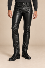 Men’s Slim-Fit Faux-Leather Trousers with Mid-Rise Waist