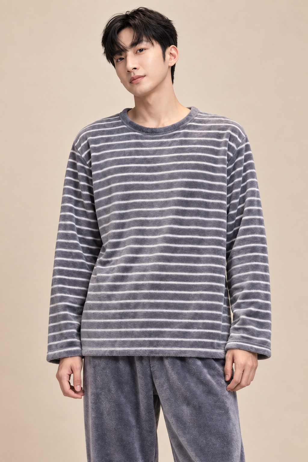 Men’s Striped Plush Pyjama Set with Long Sleeves and Trousers