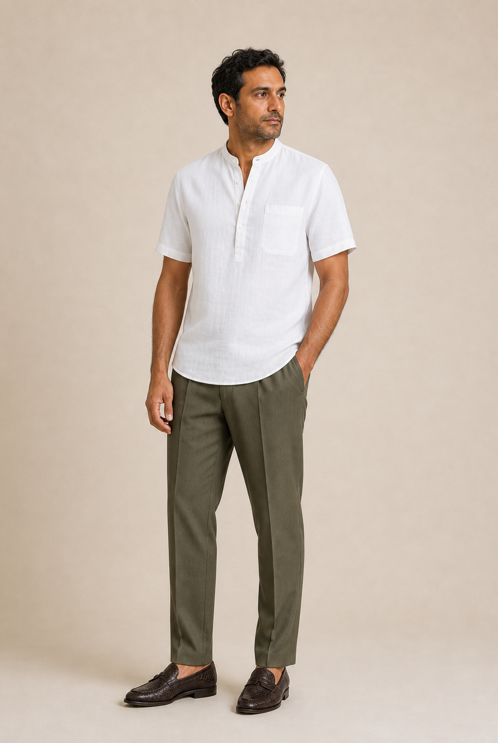 Men's Grandad Collar Shirt with Short Sleeves