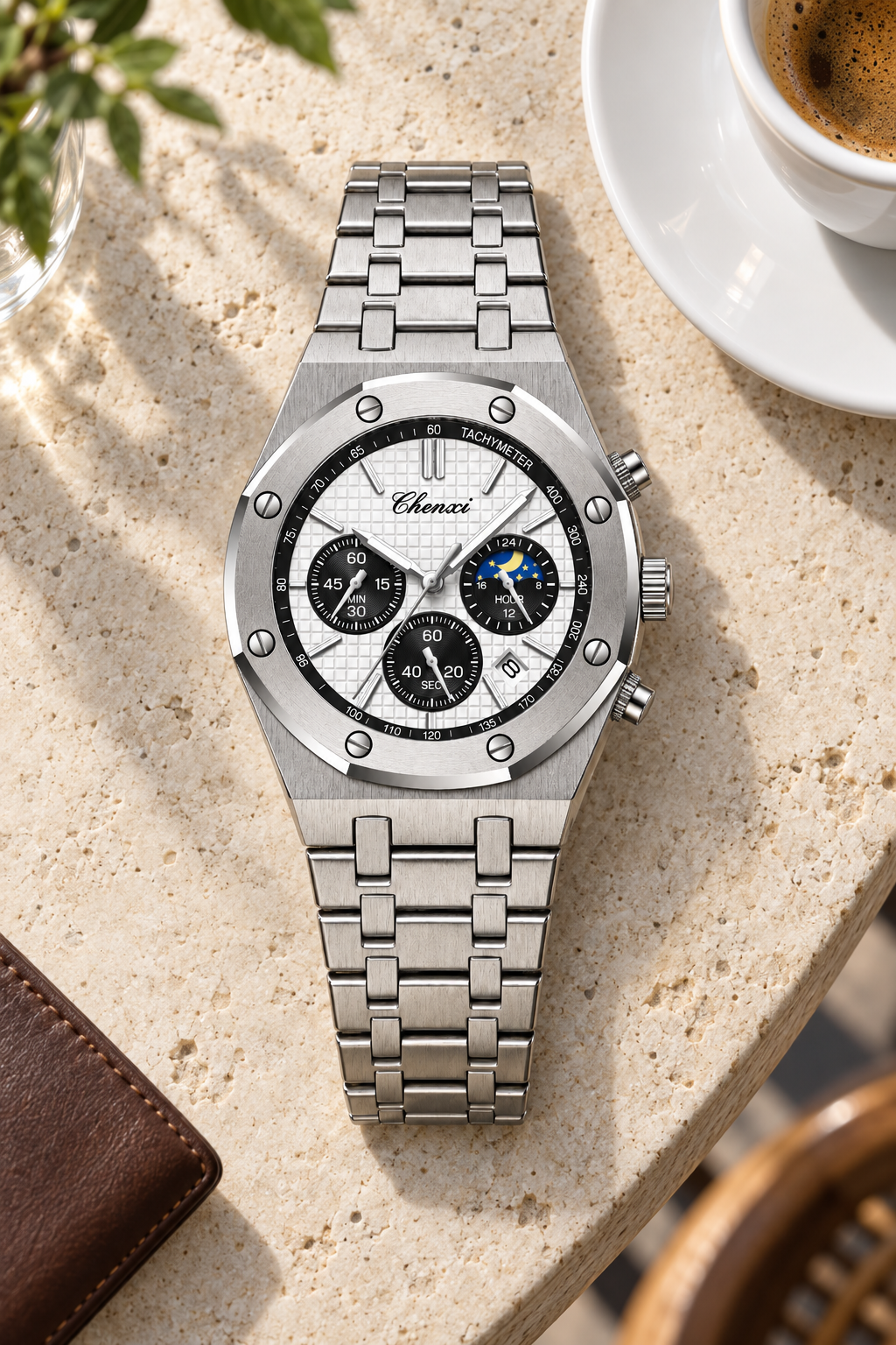 Men’s Stainless Steel Chronograph Watch with Integrated Bracelet