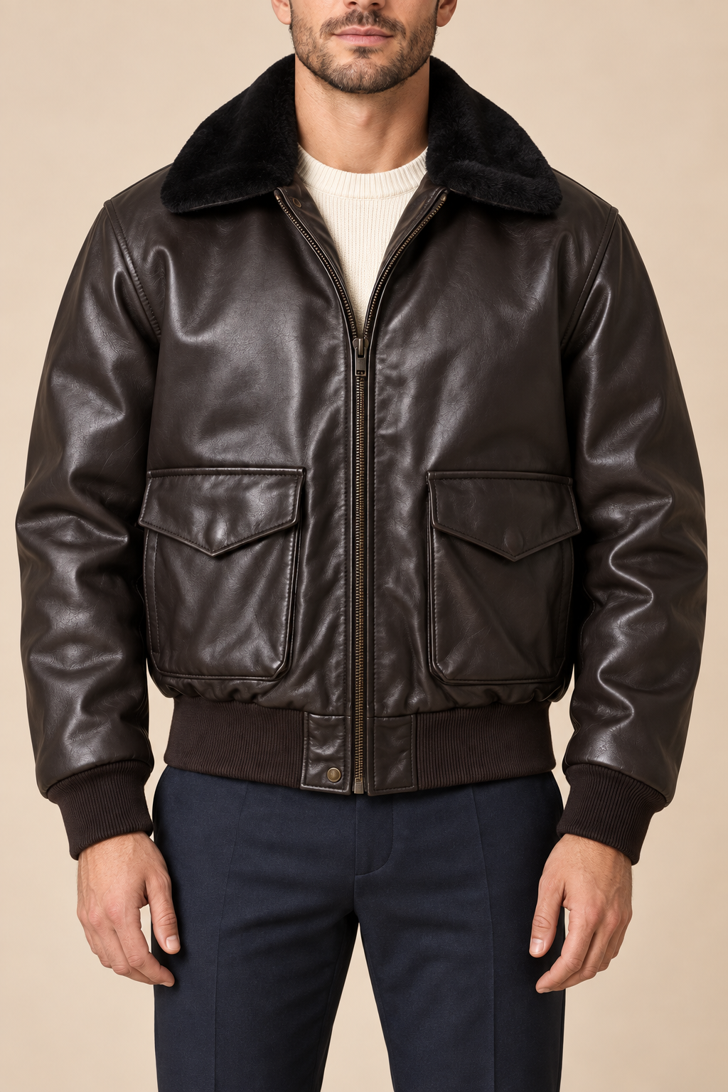 Men’s Faux-Leather Aviator Bomber Jacket with Contrast Collar
