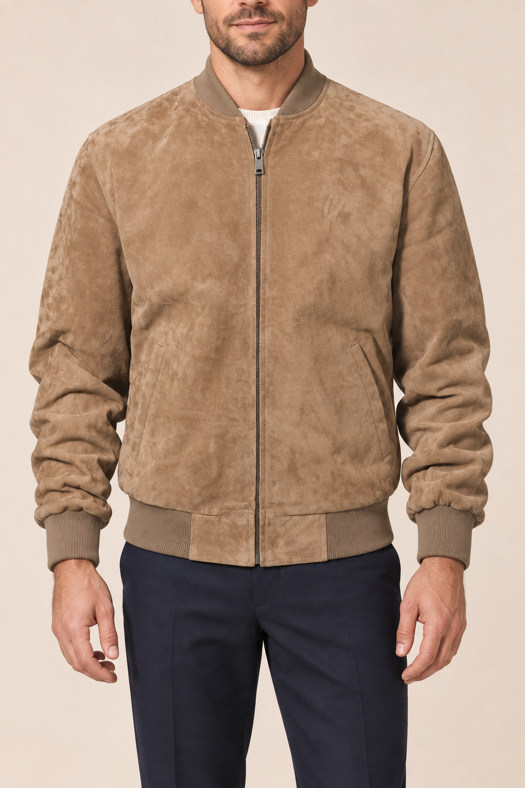 Men’s Suede-Finish Pigskin Leather Bomber Jacket with Ribbed Trims