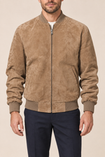 Men’s Suede-Finish Pigskin Leather Bomber Jacket with Ribbed Trims