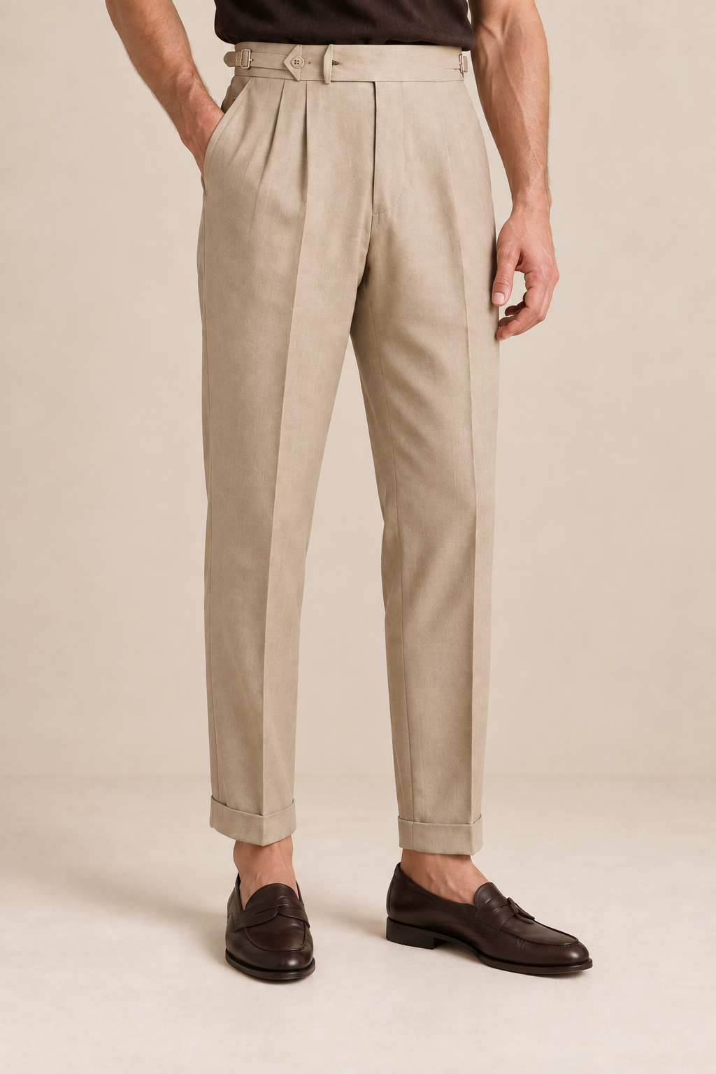Men's Pleated Trousers with Side Adjusters and Ankle-Length Leg