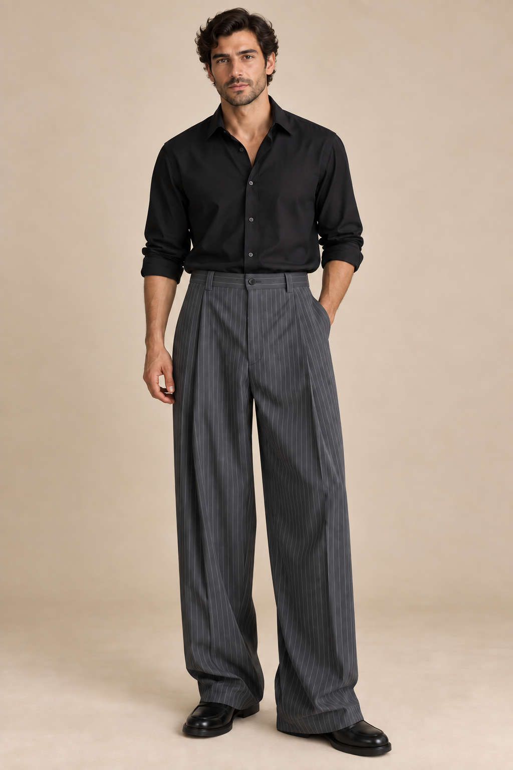 Men’s Pinstripe Wide-Leg Tailored Trousers