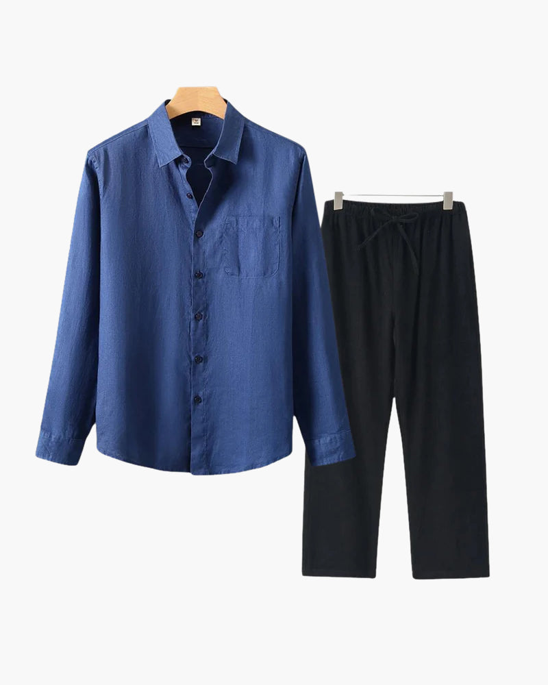 Men's Co-ord Set with Long Sleeve Shirt and Drawstring Trousers