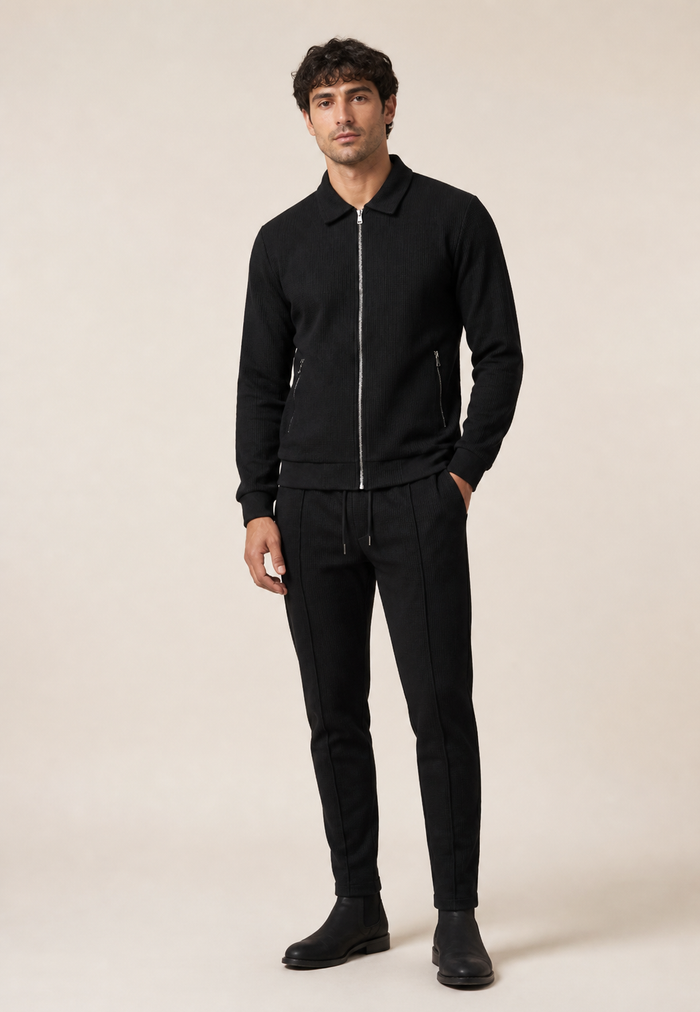Men's Ribbed Tracksuit with Zip Up Jacket and Tapered Joggers