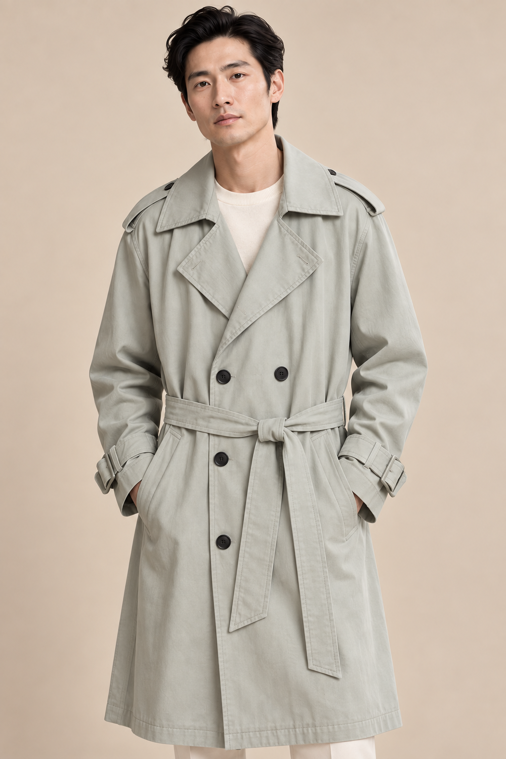 Men’s Double-Breasted Trench Coat with Waist Belt