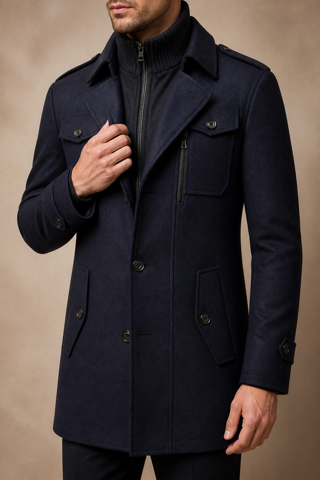 Men's Tailored Coat with Three Buttons and Inner Zip Panel