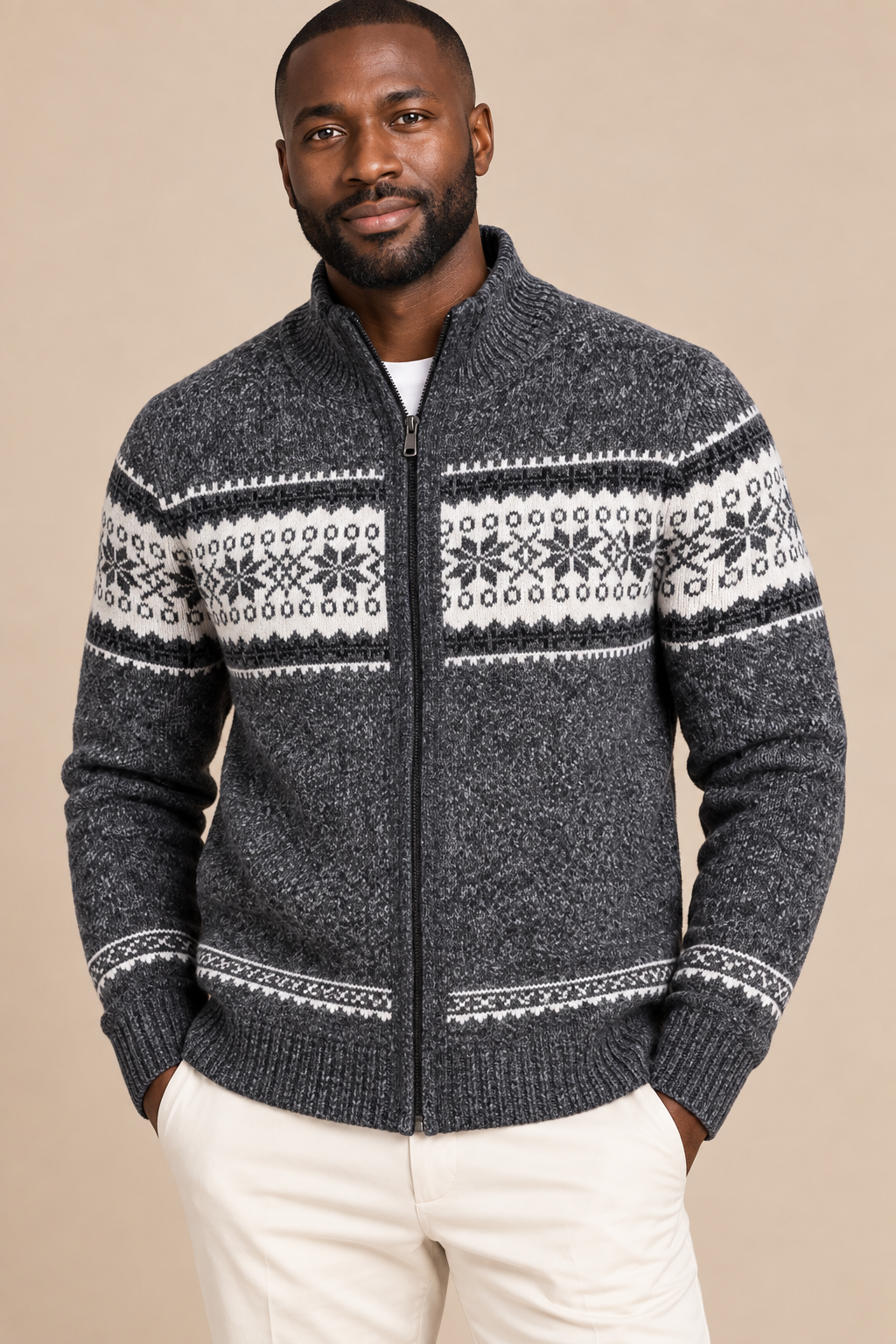 Men’s Fair Isle Knit Zip-Up Cardigan with Stand Collar