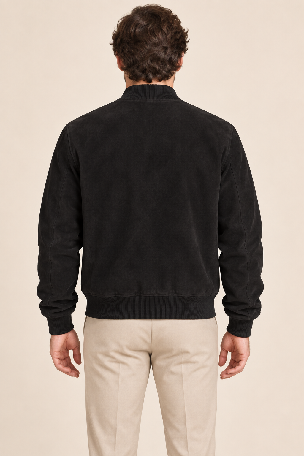 Men’s Suede-Finish Pigskin Leather Bomber Jacket with Ribbed Trims