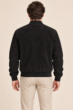 Men’s Suede-Finish Pigskin Leather Bomber Jacket with Ribbed Trims