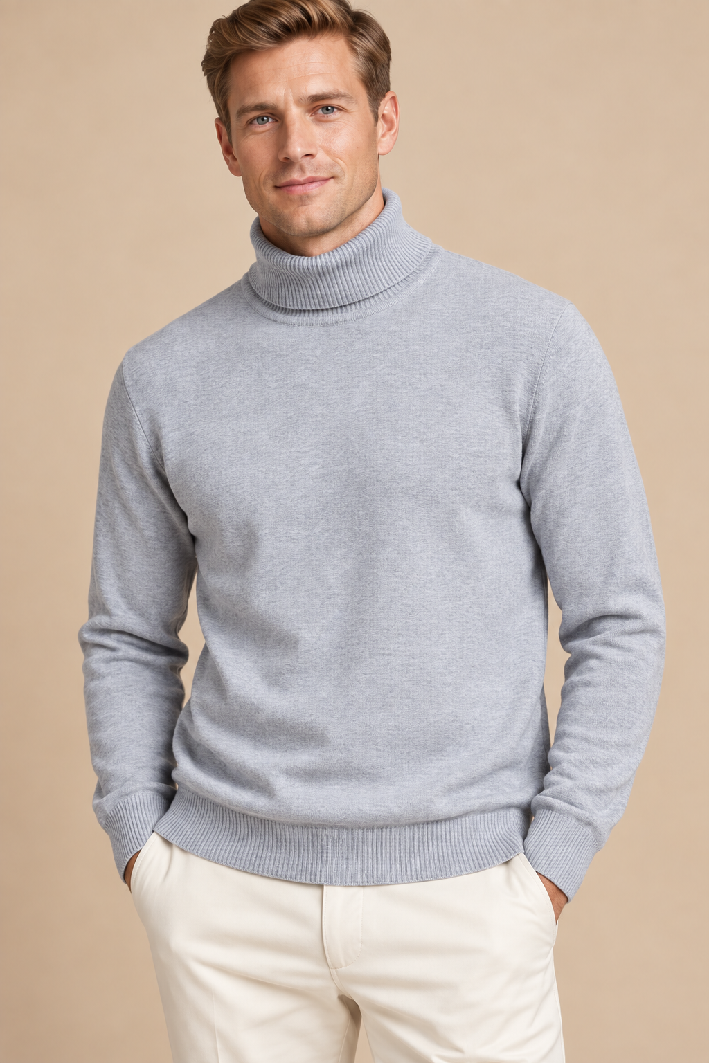 Men’s Fine Knit Roll-Neck Jumper with Long Sleeves