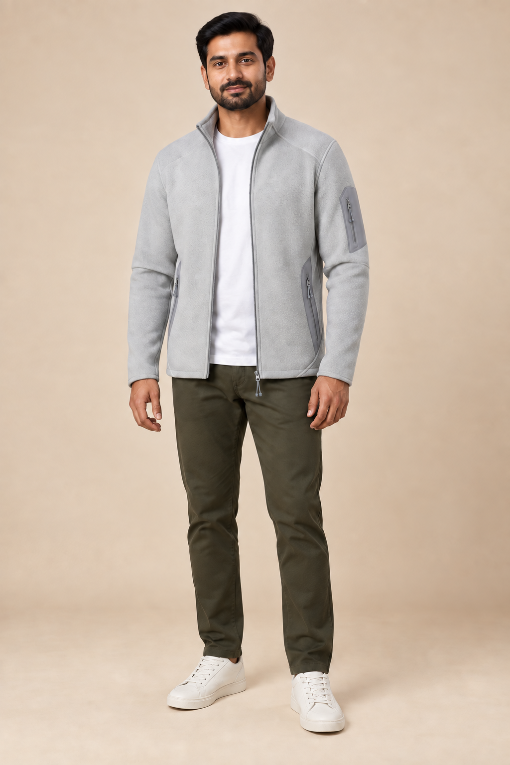 Men’s Full-Zip Fleece Jacket with Stand Collar and Zip Pockets