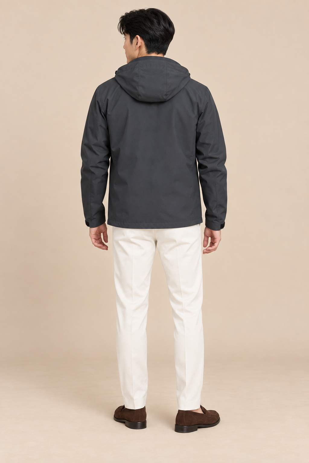 Men’s Hooded Zip-Up Rain Jacket with High Collar