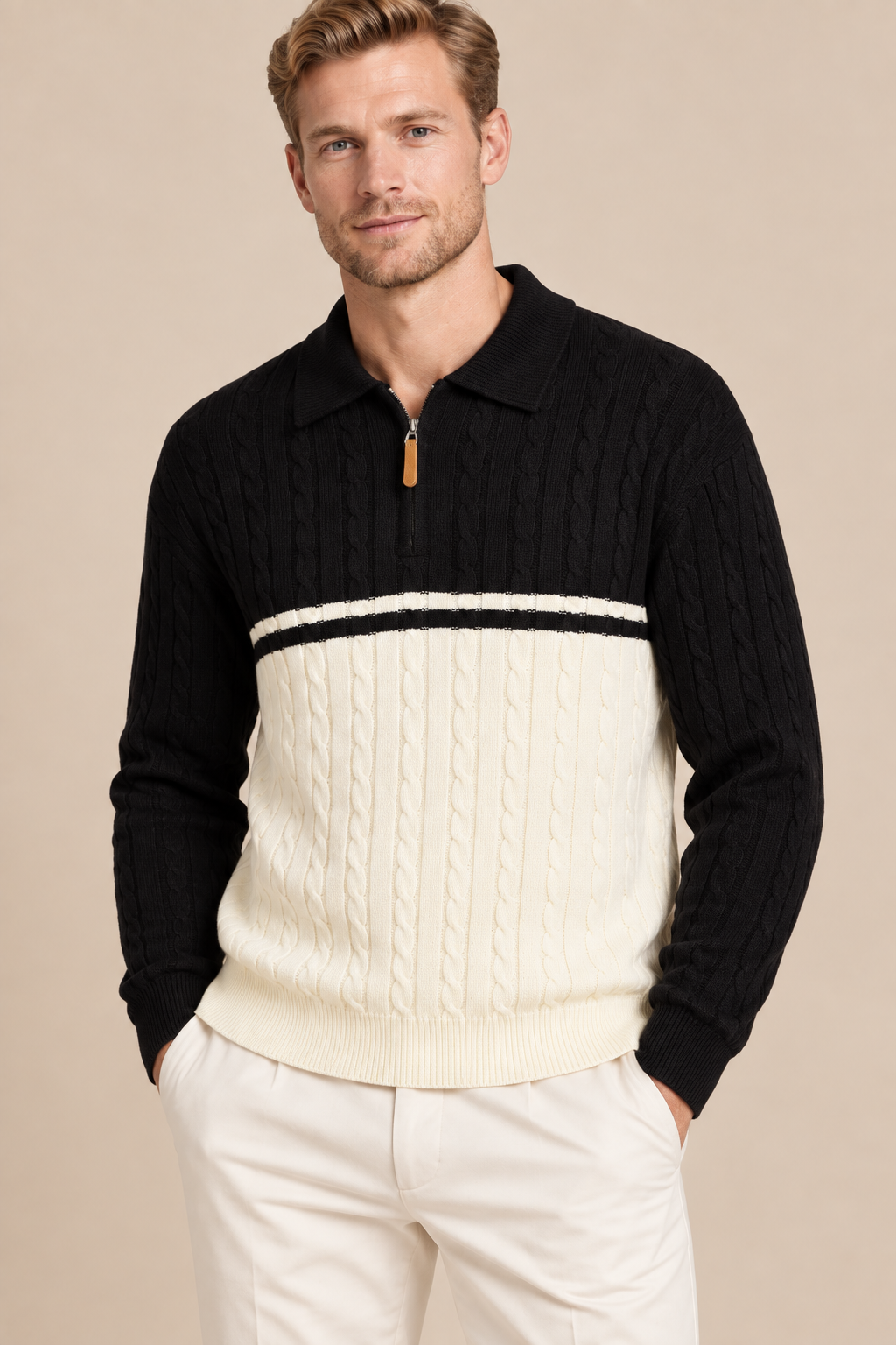 Men’s Cable Knit Quarter-Zip Jumper with Contrast Panel