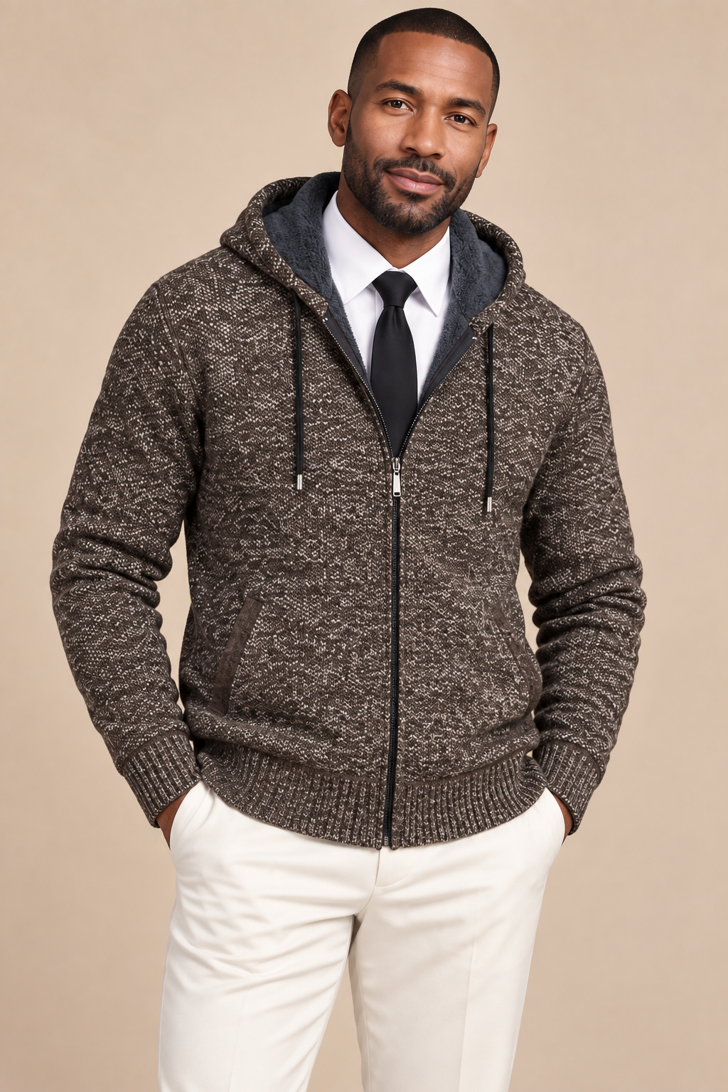 Men’s Hooded Knit Zip-Up Cardigan with Front Pockets