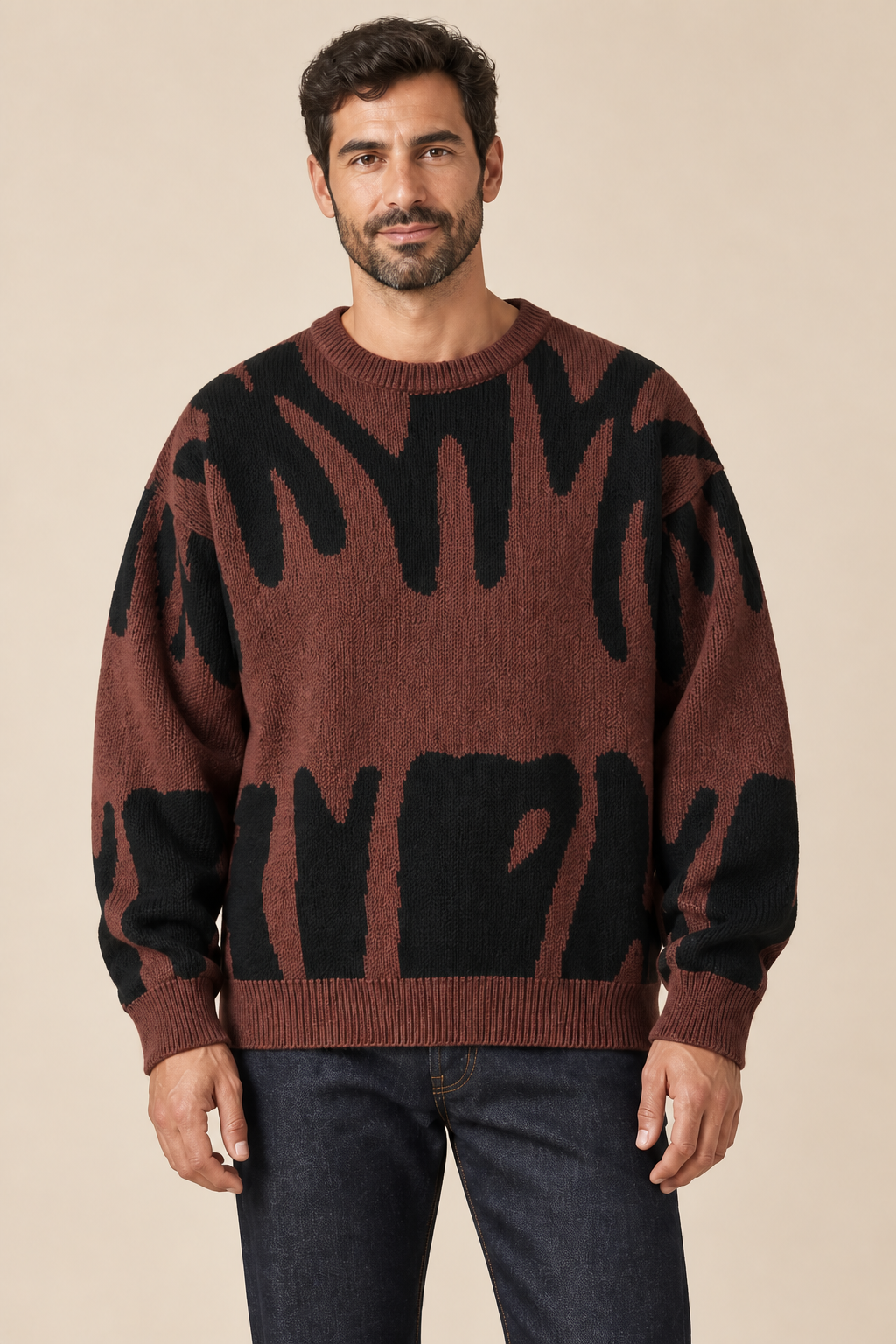 Men’s Abstract Pattern Knit Crew-Neck Jumper with Ribbed Trims