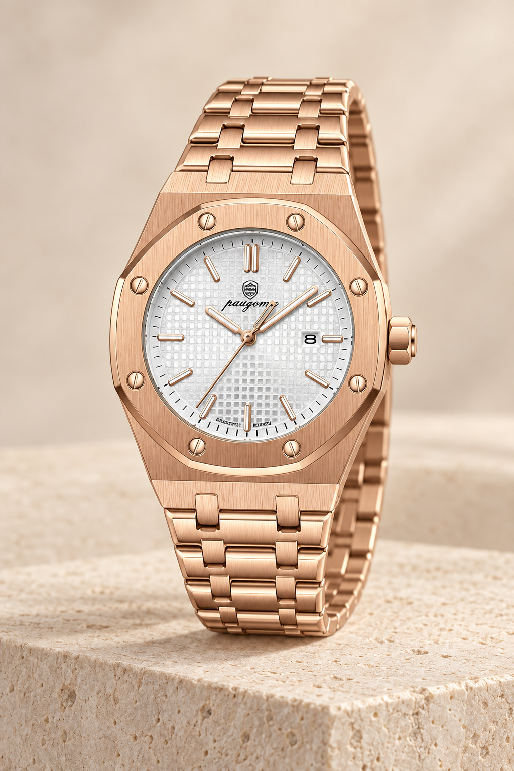 Men’s Stainless Steel Quartz Watch with Integrated Bracelet and Date Display