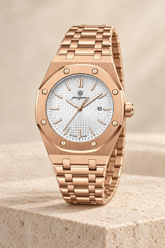 Men’s Stainless Steel Quartz Watch with Integrated Bracelet and Date Display