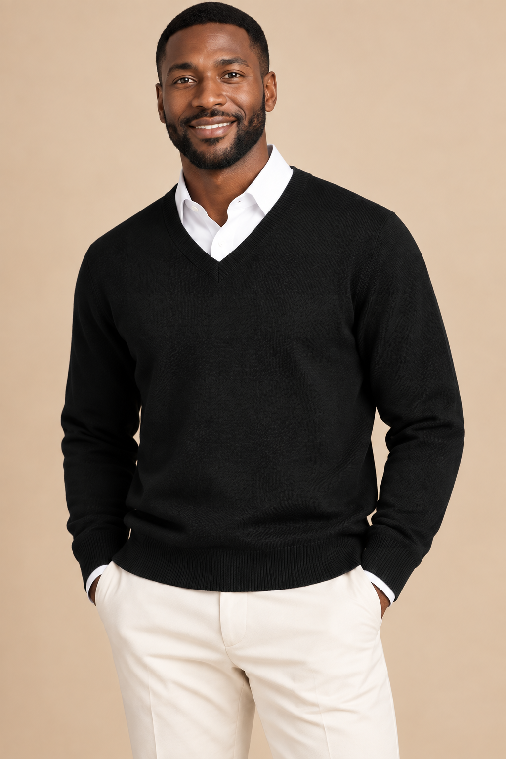 Men’s Fine Knit V-Neck Jumper with Long Sleeves