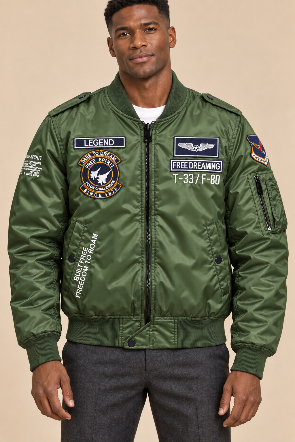 Men’s Padded MA-1 Zip-Up Bomber Jacket with Patches