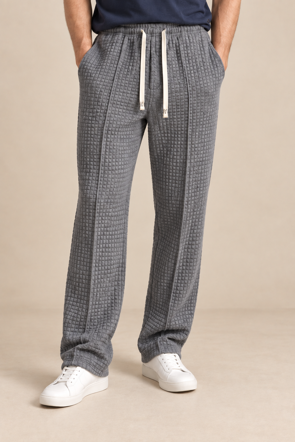Men’s Waffle-Knit Wide-Leg Trousers with Drawstring Waist