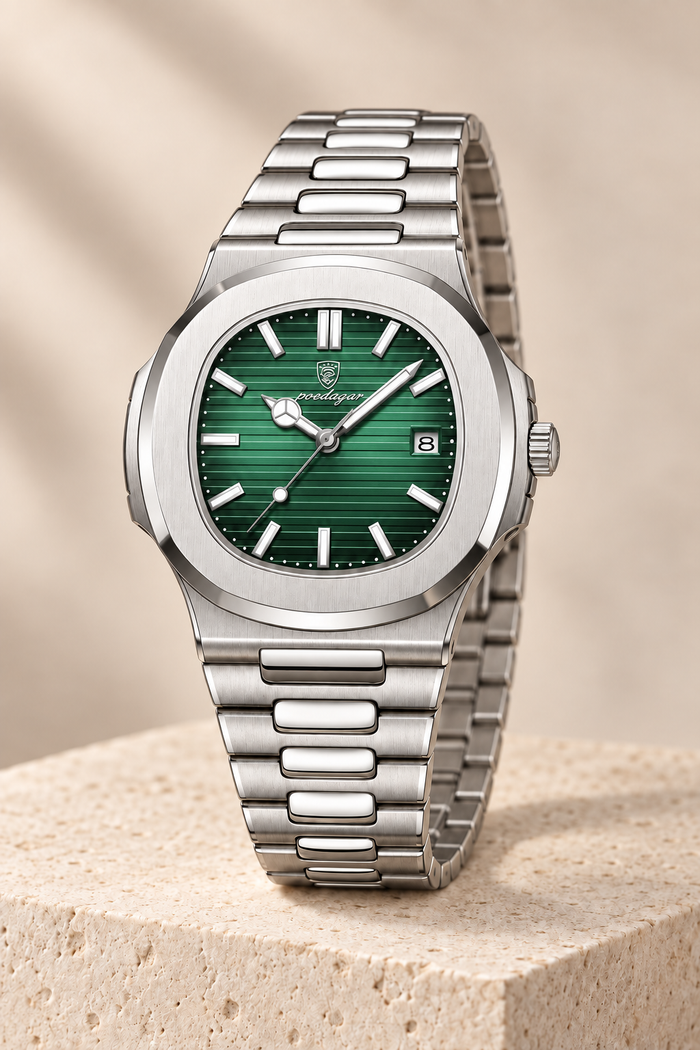 Men’s Stainless Steel Quartz Watch with Green Textured Dial