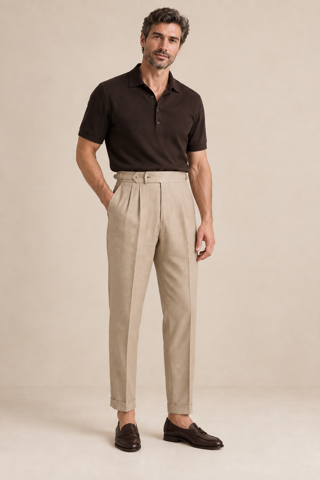 Men's Pleated Trousers with Side Adjusters and Ankle-Length Leg