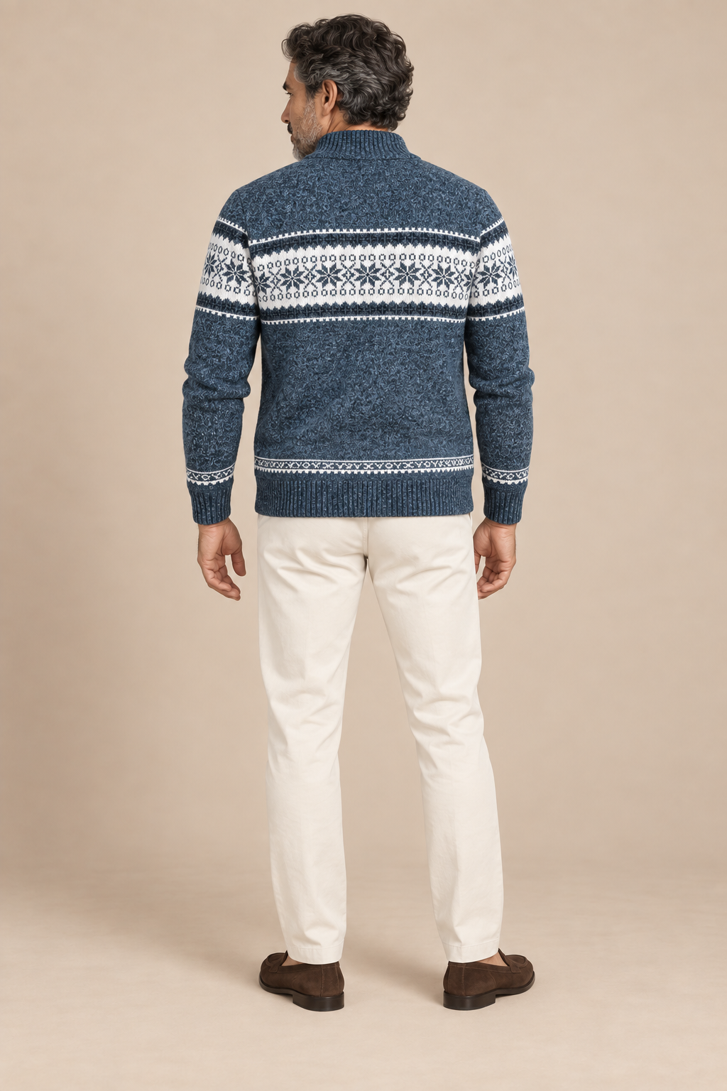 Men’s Fair Isle Knit Zip-Up Cardigan with Stand Collar
