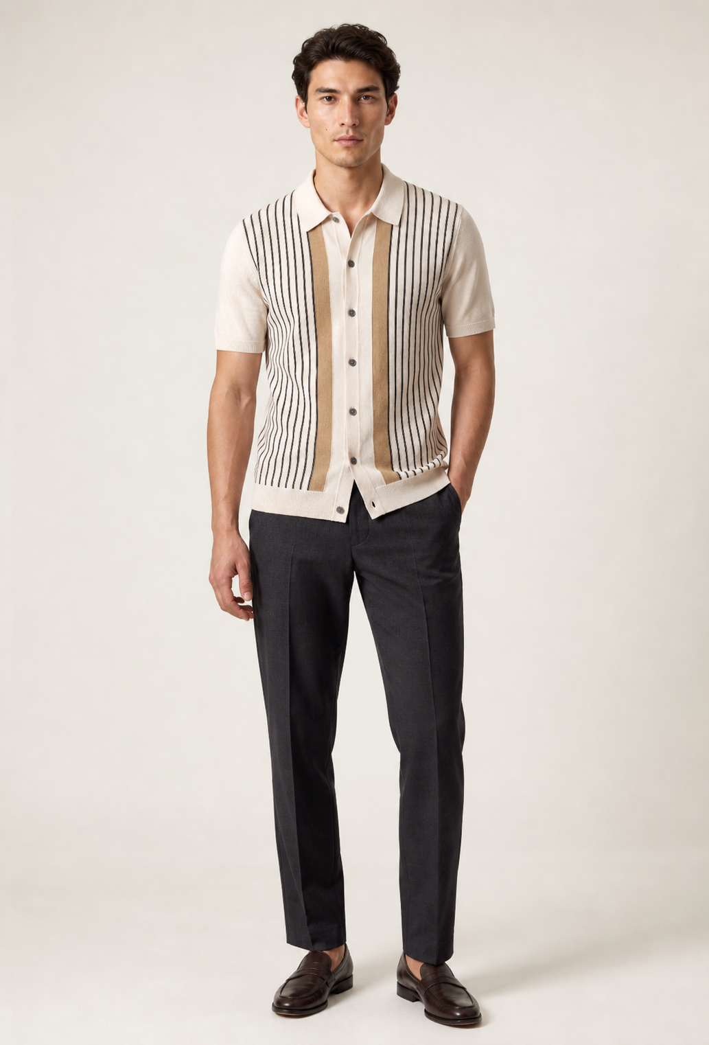 Rovellan – Cream Vertical-Stripe Button-Front Polo Shirt