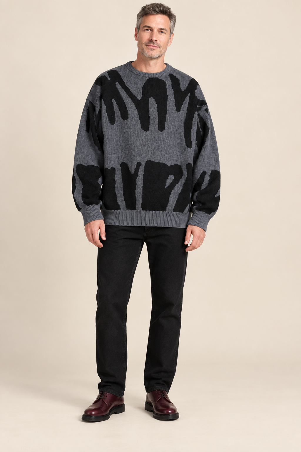 Men’s Abstract Pattern Knit Crew-Neck Jumper with Ribbed Trims