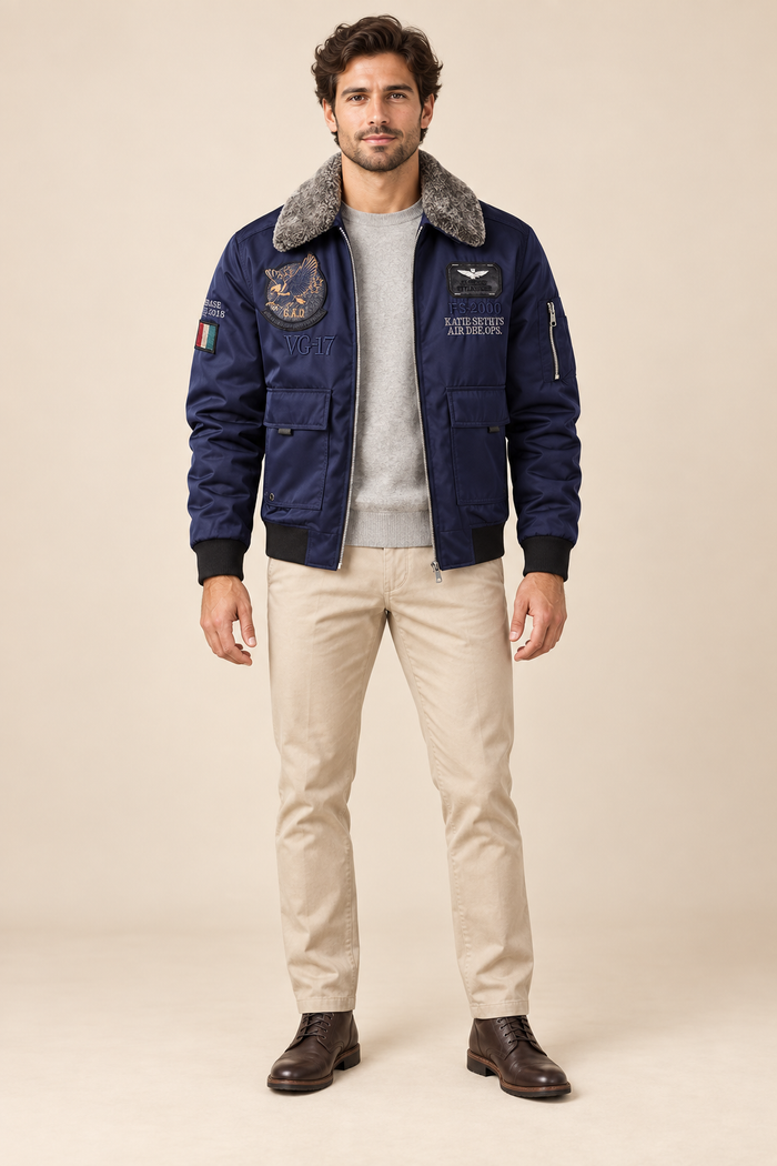 Men’s Padded Aviator Bomber Jacket with Patches and Contrast Collar