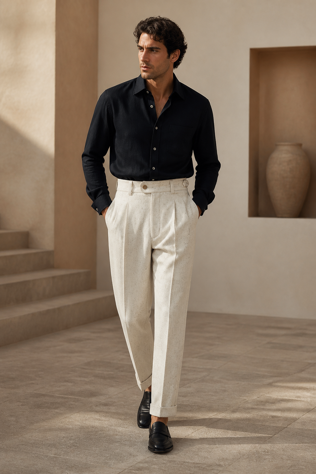 Men's High Waisted Pleated Trousers with Straight Leg