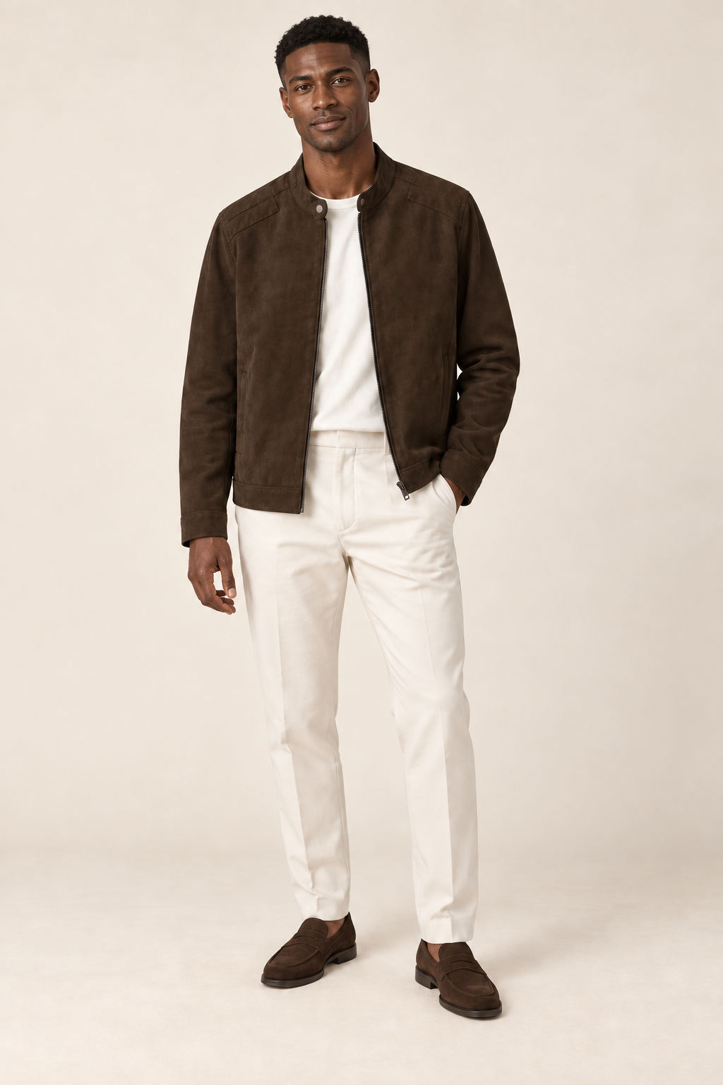 Men’s Suede-Look Zip-Up Jacket with Stand Collar
