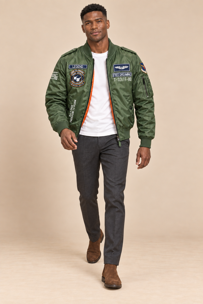 Men’s Padded MA-1 Zip-Up Bomber Jacket with Patches