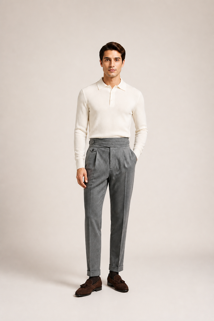 Men's Straight Leg Cotton Trousers with High Waist