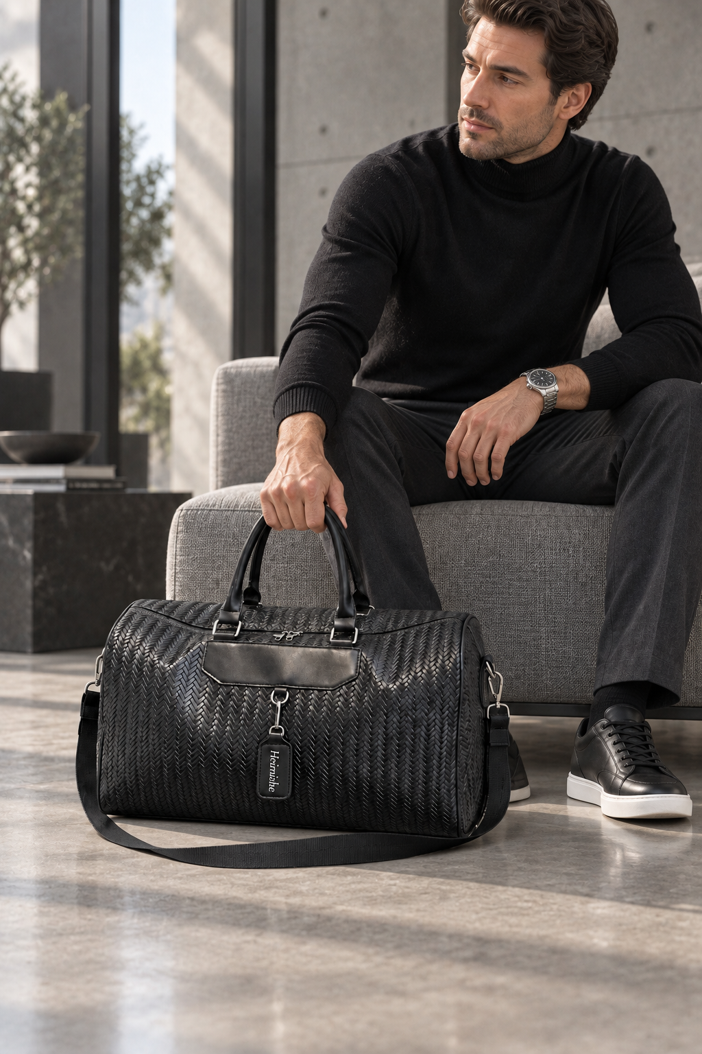 Men's Woven-Effect Weekender Bag - Black