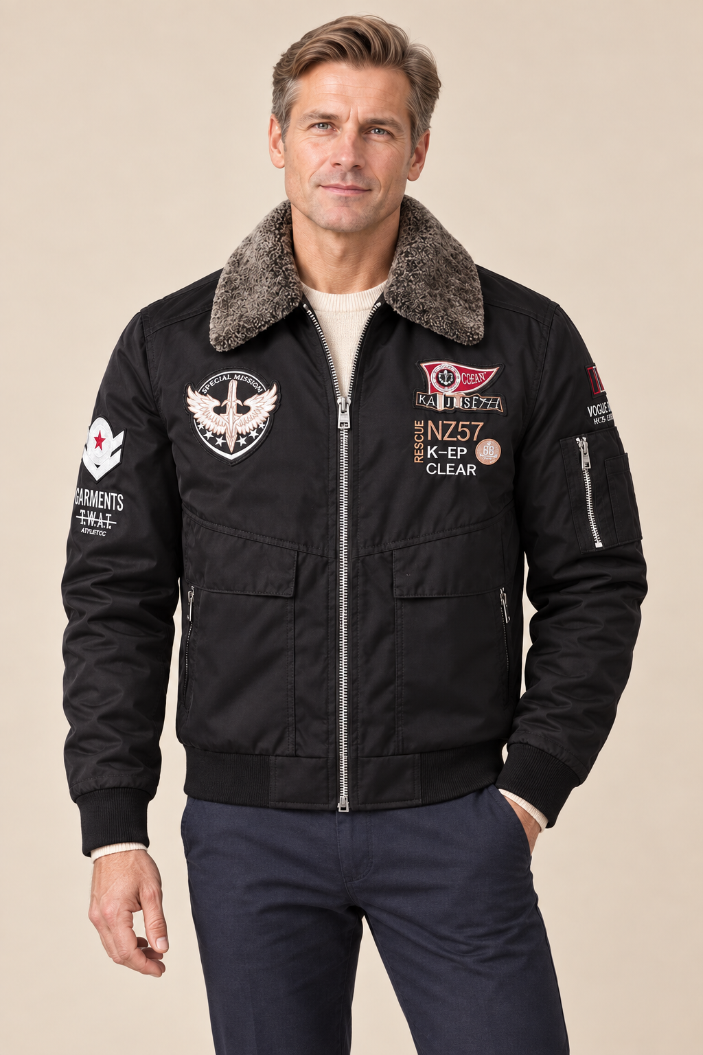 Men’s Padded Aviator Bomber Jacket with Patches and Contrast Collar