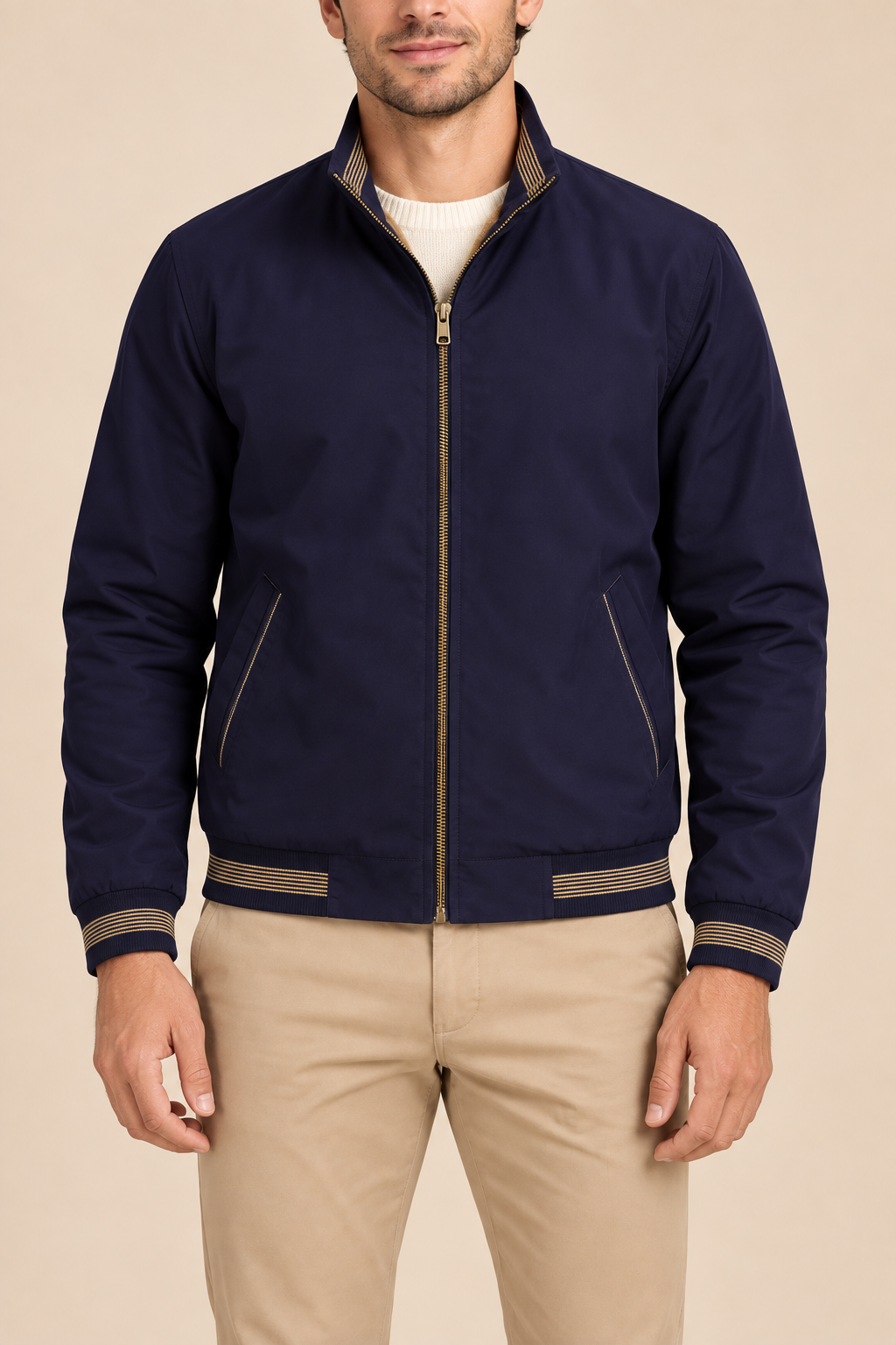 Men’s Fleece-Lined Zip-Up Bomber Jacket with Stand Collar