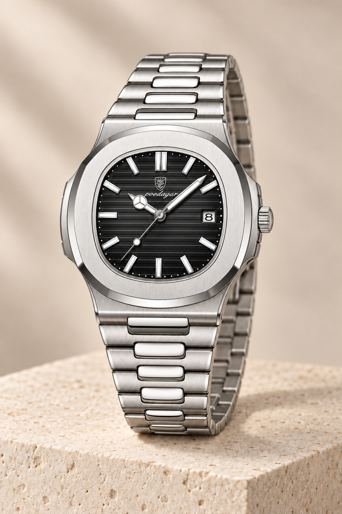 Men’s Stainless Steel Quartz Watch with Black Textured Dial