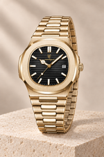 Men’s Gold-Tone Quartz Watch with Textured Dial and Integrated Bracelet