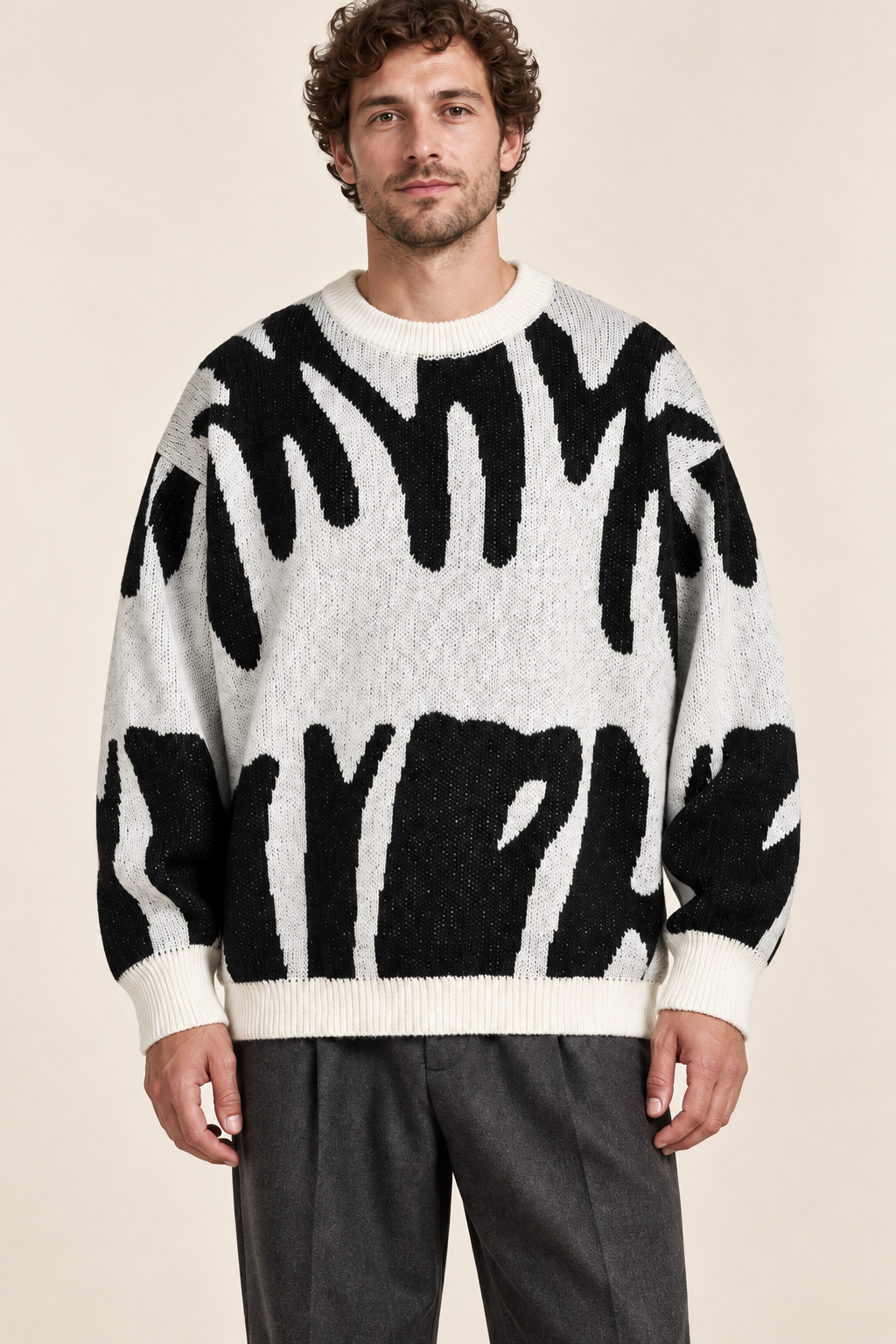 Men’s Abstract Pattern Knit Crew-Neck Jumper with Ribbed Trims