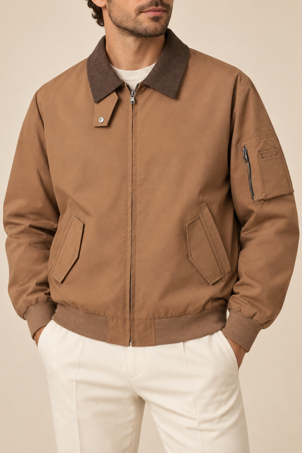 Men’s Zip-Up Harrington Jacket with Contrast Collar