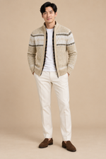 Men’s Fair Isle Knit Zip-Up Cardigan with Stand Collar