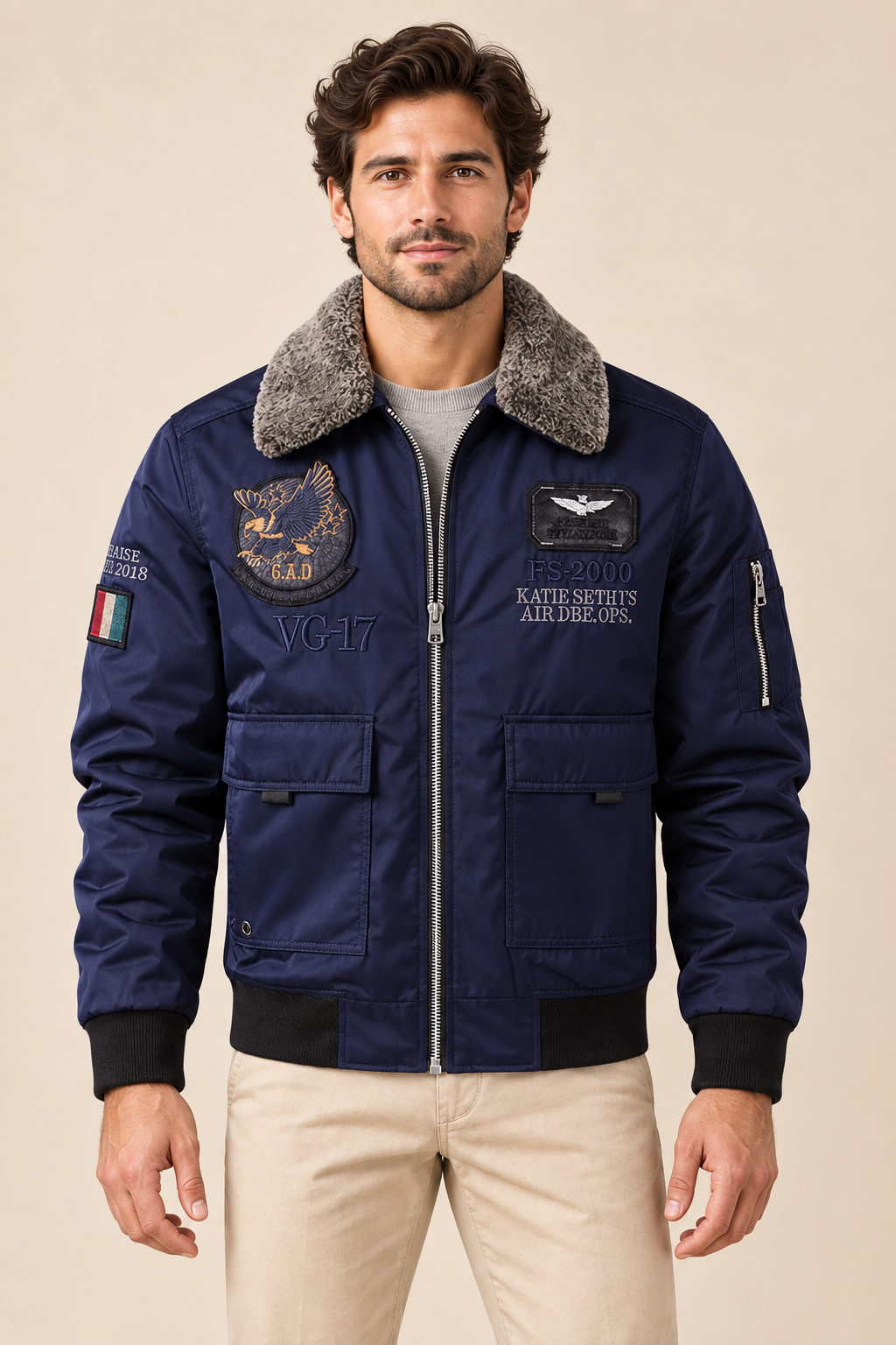 Men’s Padded Aviator Bomber Jacket with Patches and Contrast Collar