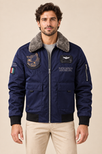 Men’s Padded Aviator Bomber Jacket with Patches and Contrast Collar